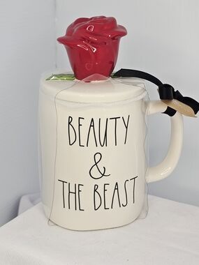 NWT Rae Dunn "Beauty & The Beast" Ceramic Mug with Red Rose Lid